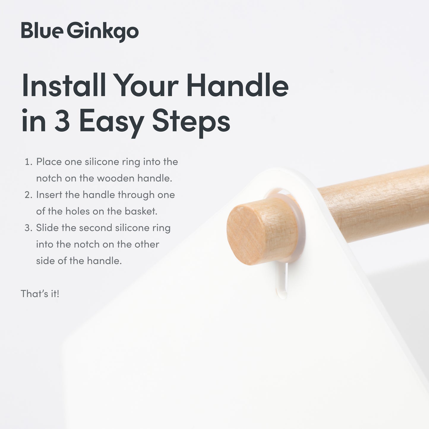 Instructions for installing the handle on a Blue Ginkgo Large Storage Basket.
