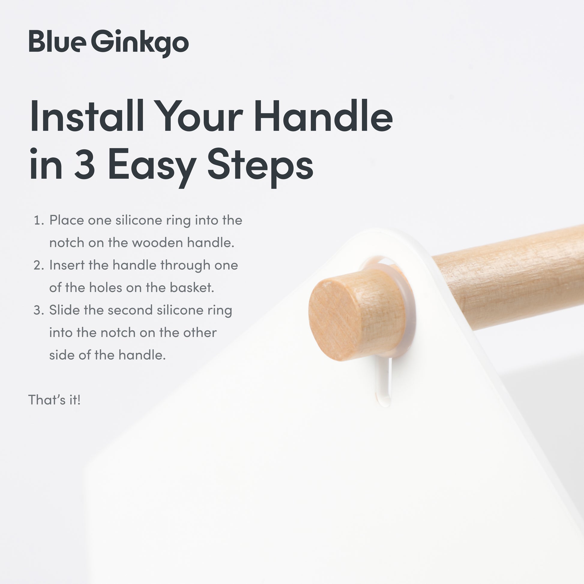 Instructions for installing the handle on a Blue Ginkgo Large Storage Basket.