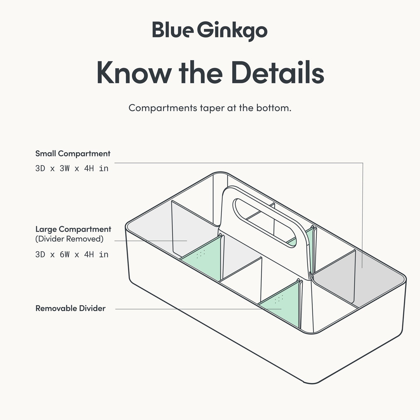 Diagram of long rectangle caddy compartments and dimensions 