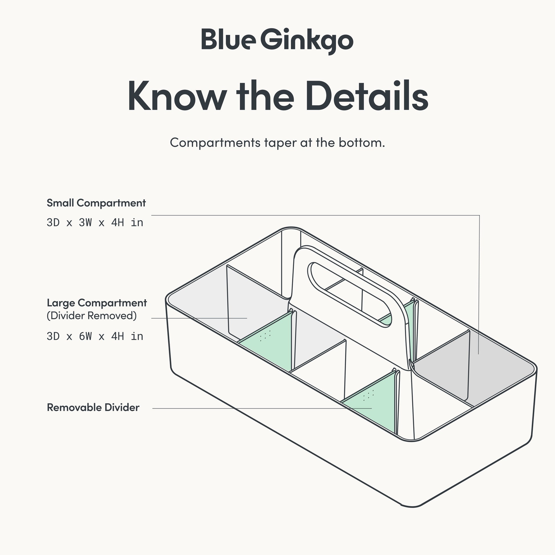 Diagram of long rectangle caddy compartments and dimensions 