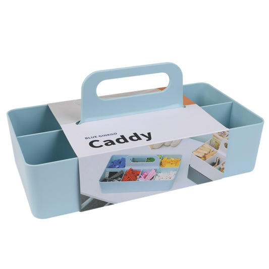 Light blue caddy with a handle on a white background