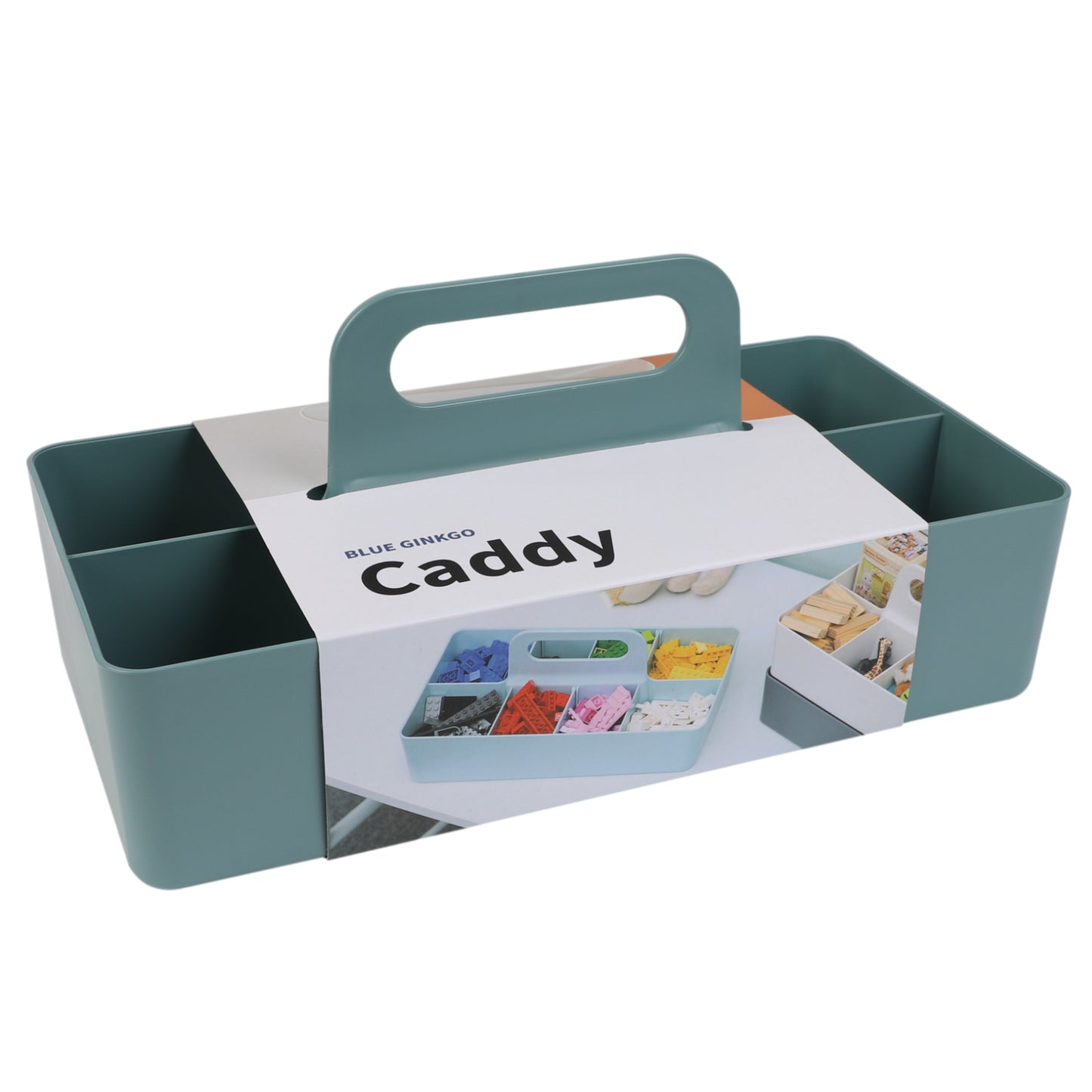 Green caddy with a handle on a white background