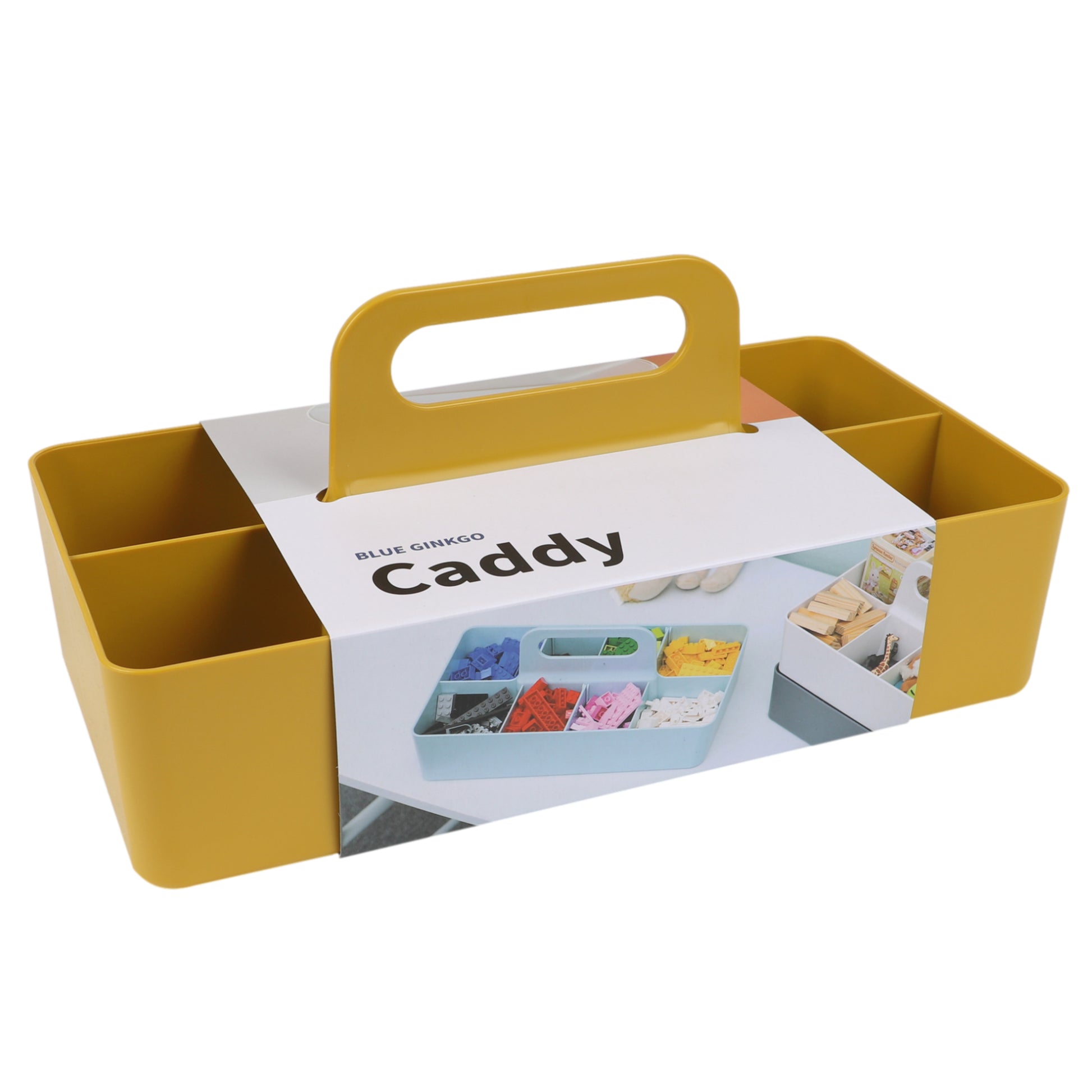 Yellow caddy with a handle on a white background