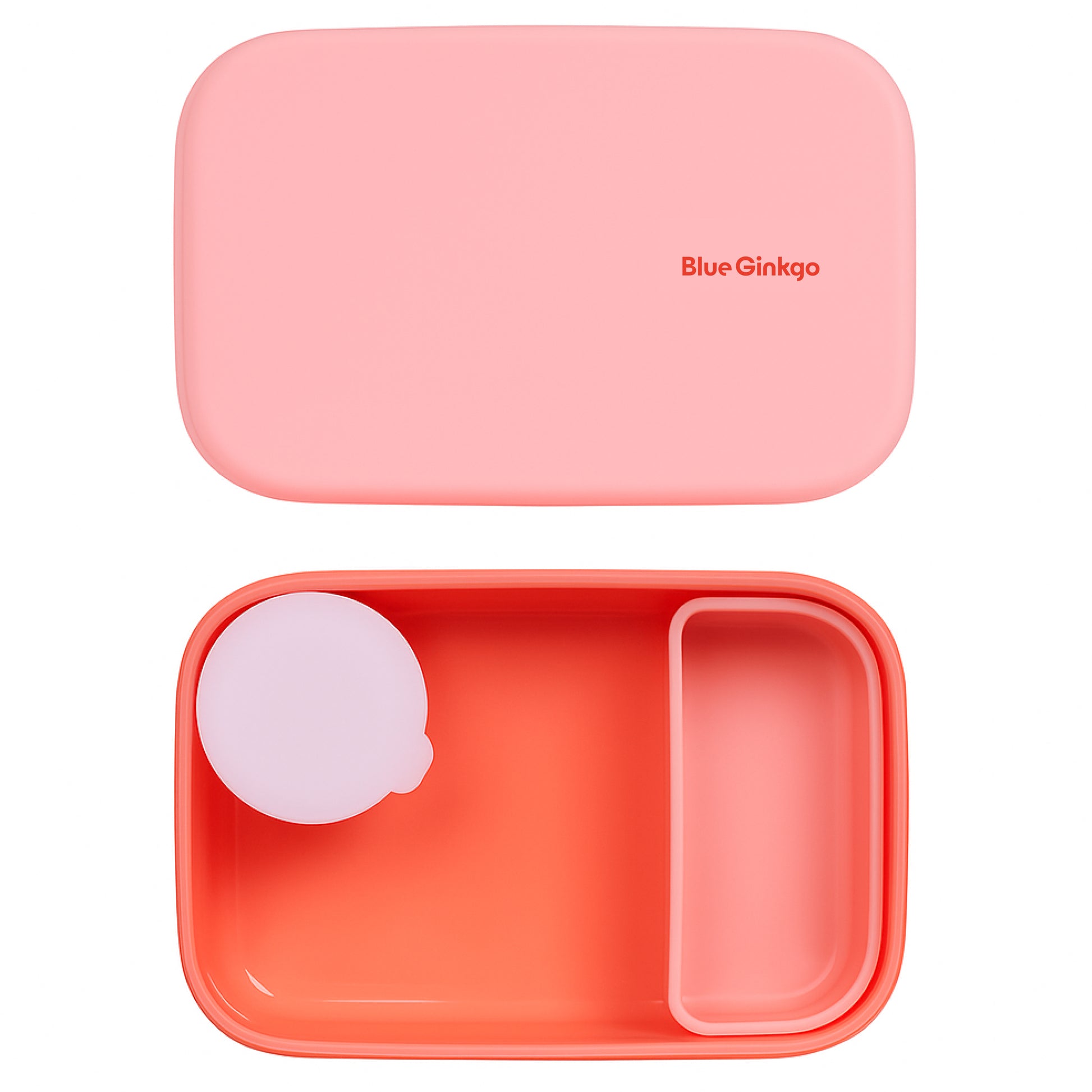 Coral color silicone kids lunch container with lid on a white background, featuring the Blue Ginkgo brand.