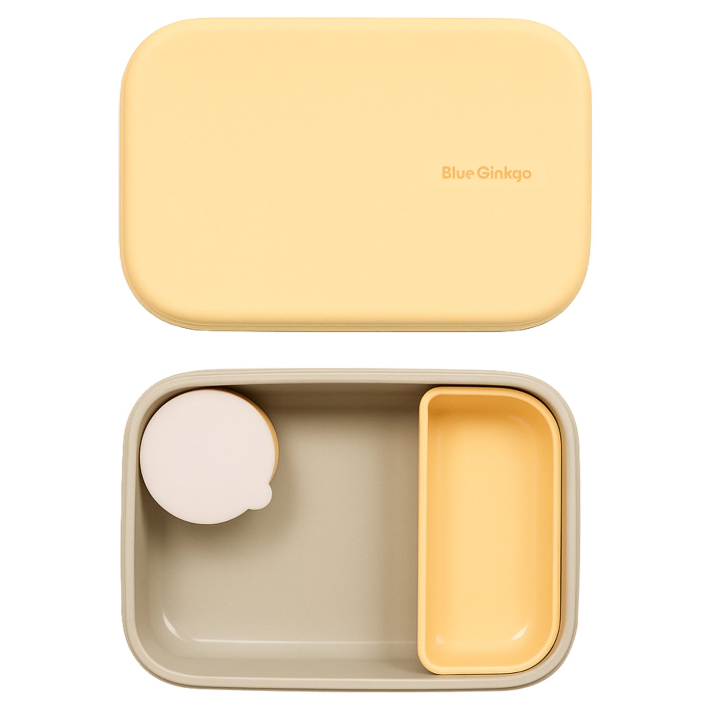 Yellow and grey silicone kids lunch container with lid on a white background, featuring the Blue Ginkgo brand.