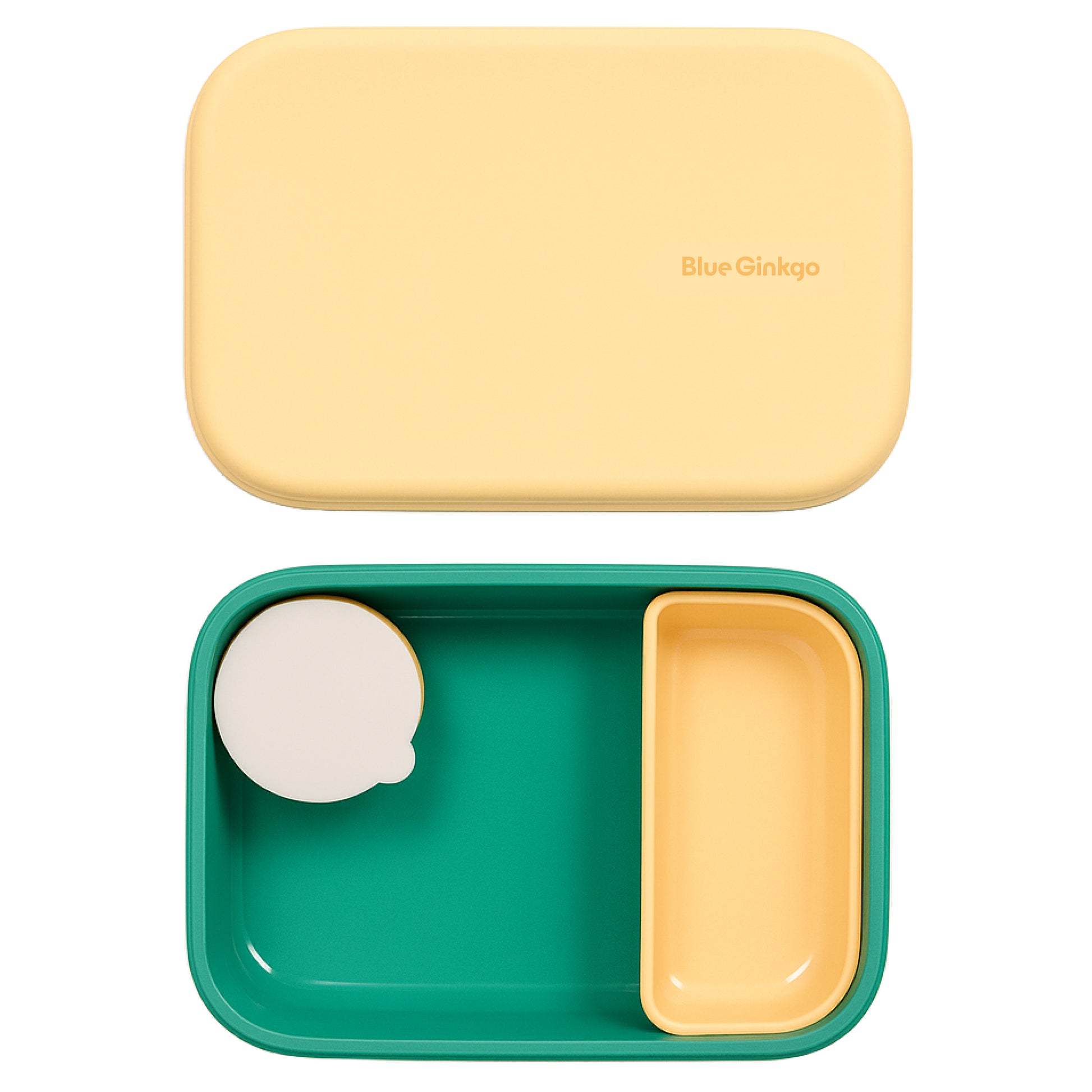 Green and yellow silicone kids lunch container with lid on a white background, featuring the Blue Ginkgo brand.