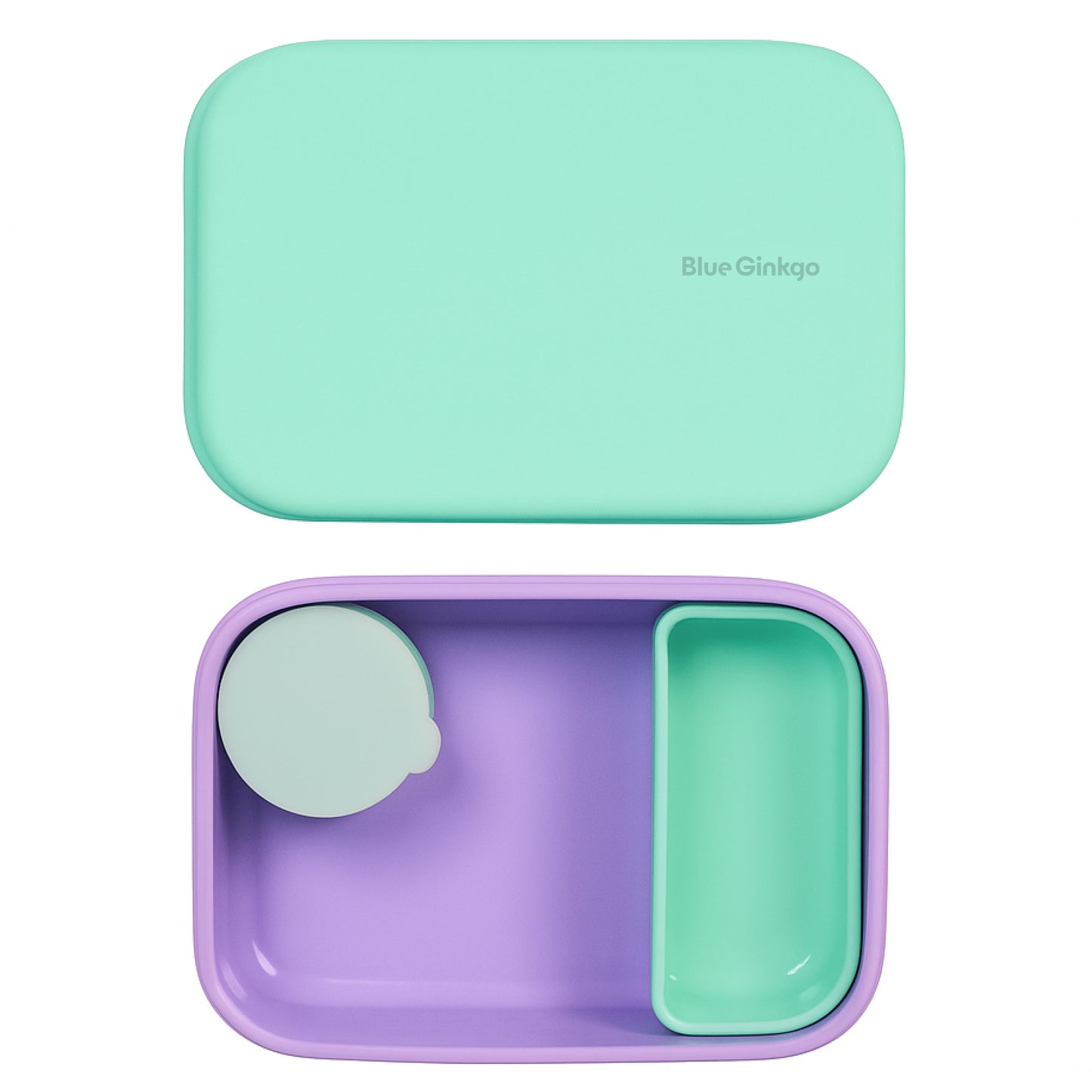 Mint green and purple silicone kids lunch container with lid on a white background, featuring the Blue Ginkgo brand.