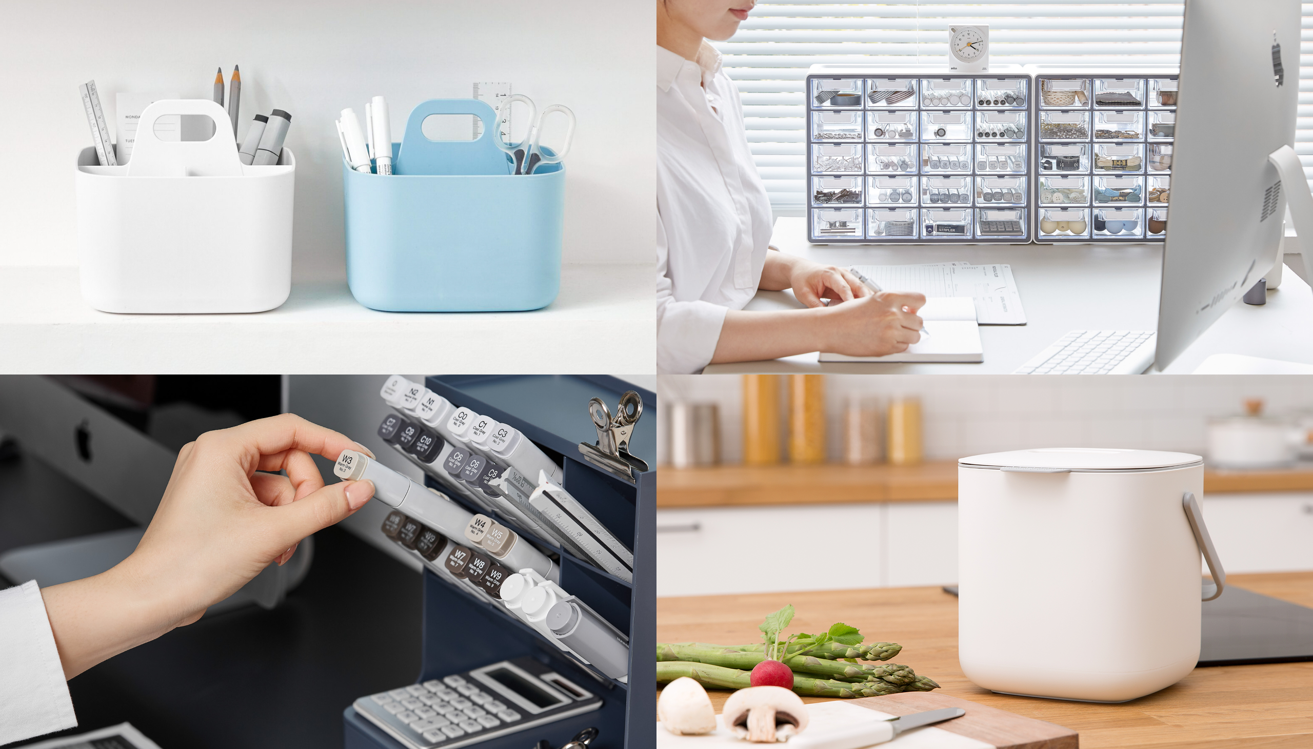 Collage of organization and kitchen products offered by Blue Ginkgo.
