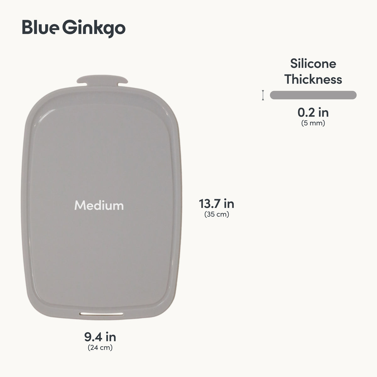 Blue Ginkgo medium silicone cutting board with dimensions labeled on a white background.