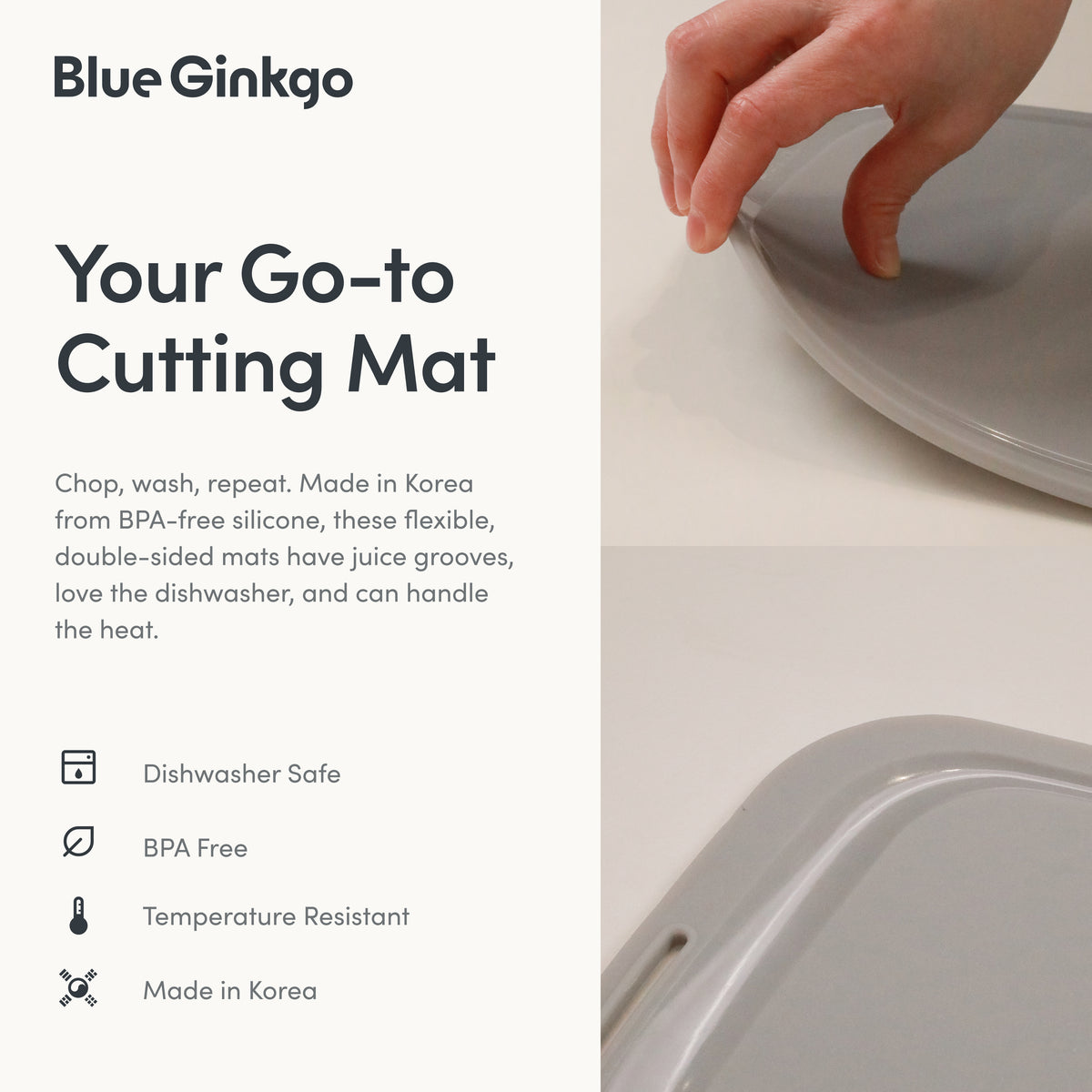Graphic highlighting Blue Ginkgo silicone cutting board features: dishwasher safe, BPA-free, temperature-resistant, and made in Korea.