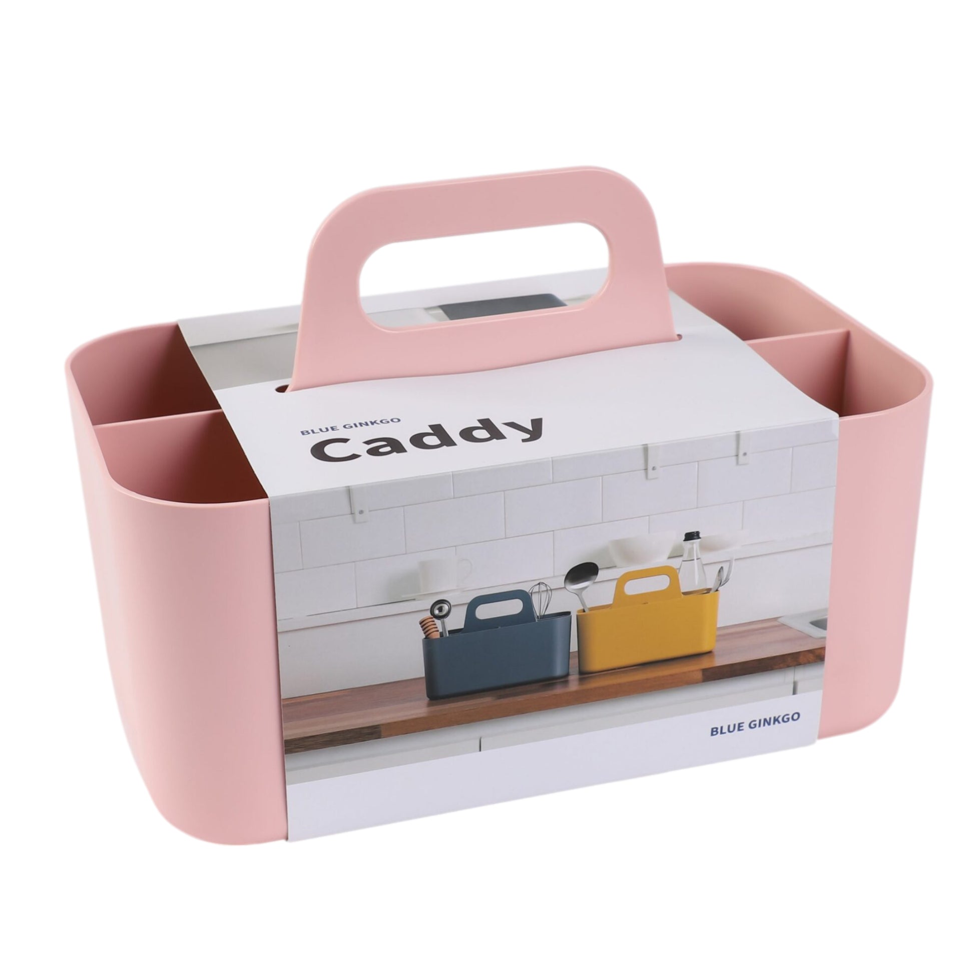 A rectangular pink portable storage caddy with multiple compartments, featuring a modern design on a white background.