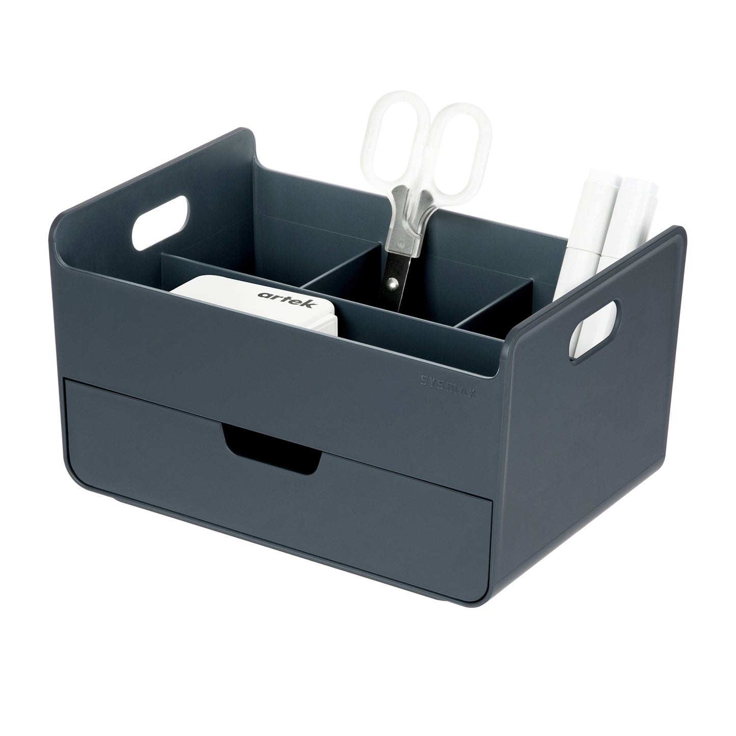 Dark Blue portable storage organizer with markers on a white background.