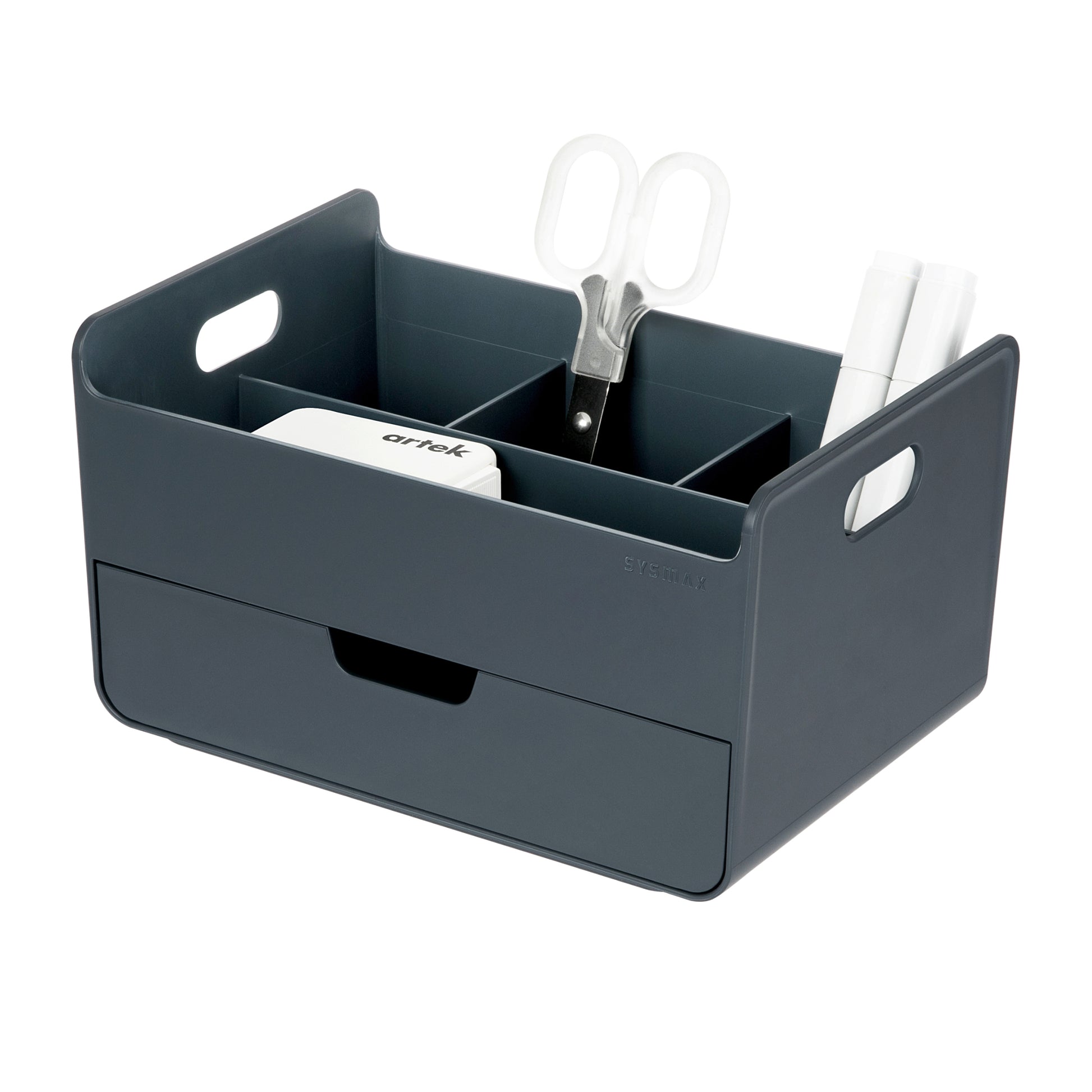Dark Blue portable storage organizer with markers on a white background.