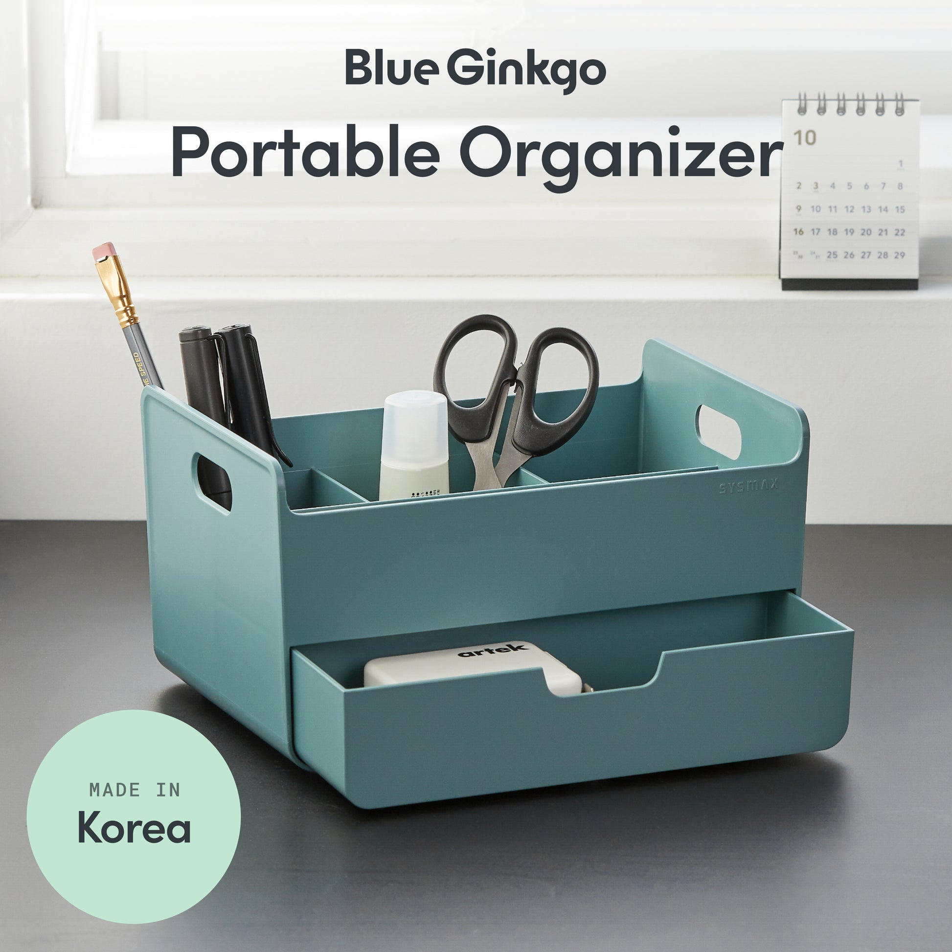 Green Blue Ginkgo portable organizer with stationery items on a desk, featuring 'Made in Korea' label.