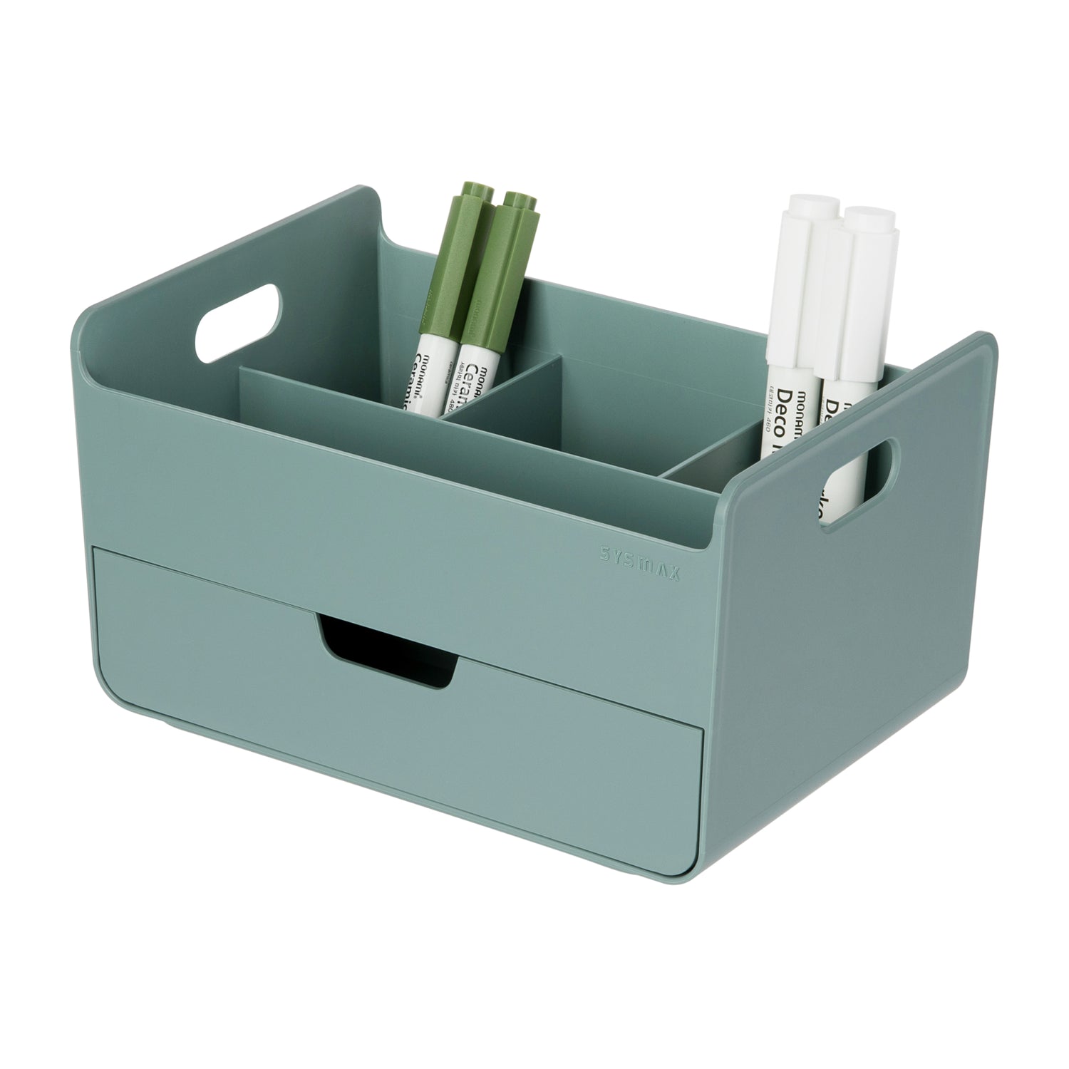 Green portable storage organizer with markers on a white background.