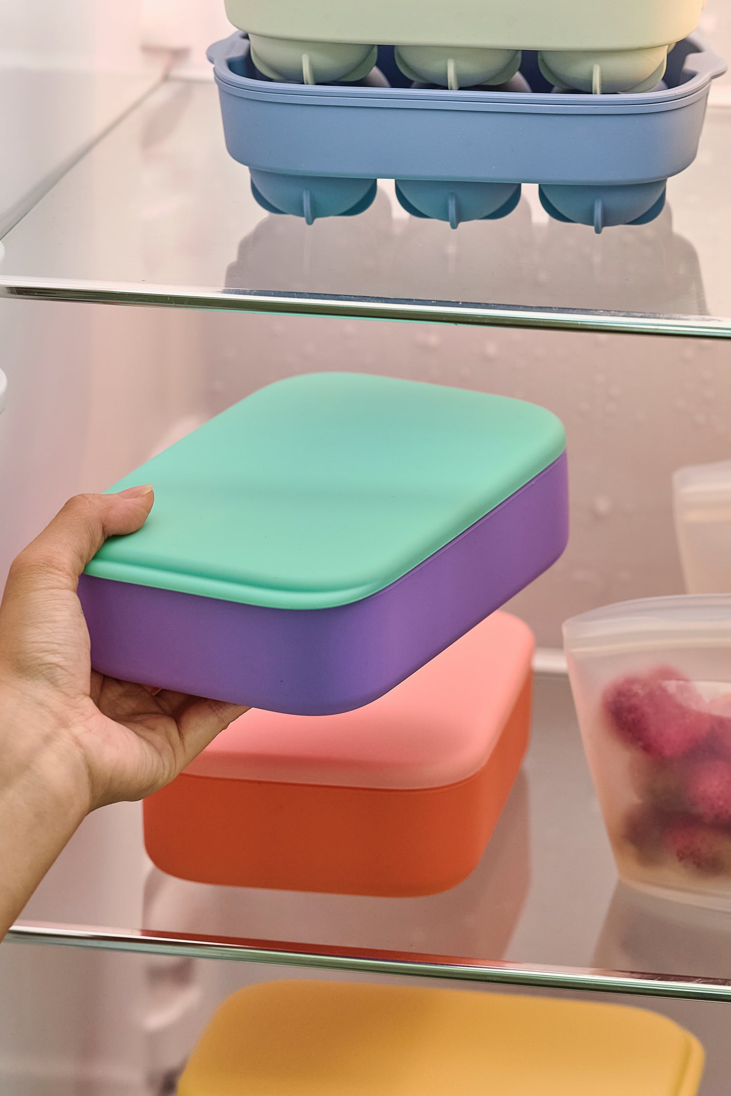 Hand placing a silicone style lunch box into a refrigerator.