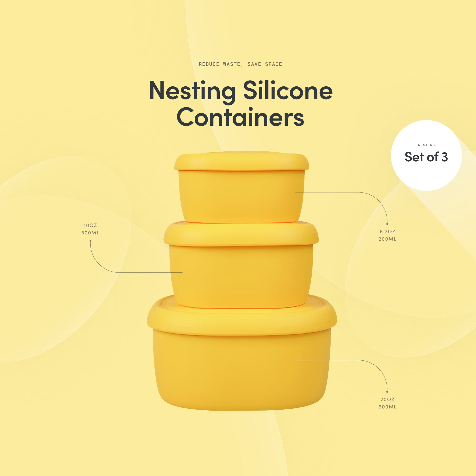 Set of 3 yellow nesting silicone food containers showing product volume