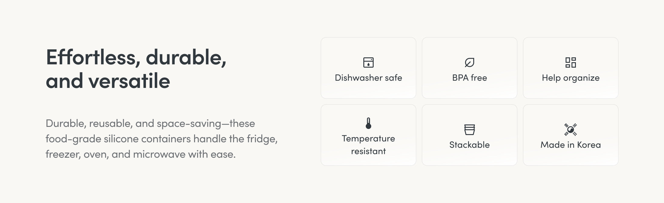 Image discussing silicone food container benefits, including dishwasher safe, BPA free, temperature resistant, stackable