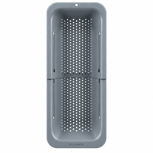 Grey adjustable Over the Sink Colander  on a white background