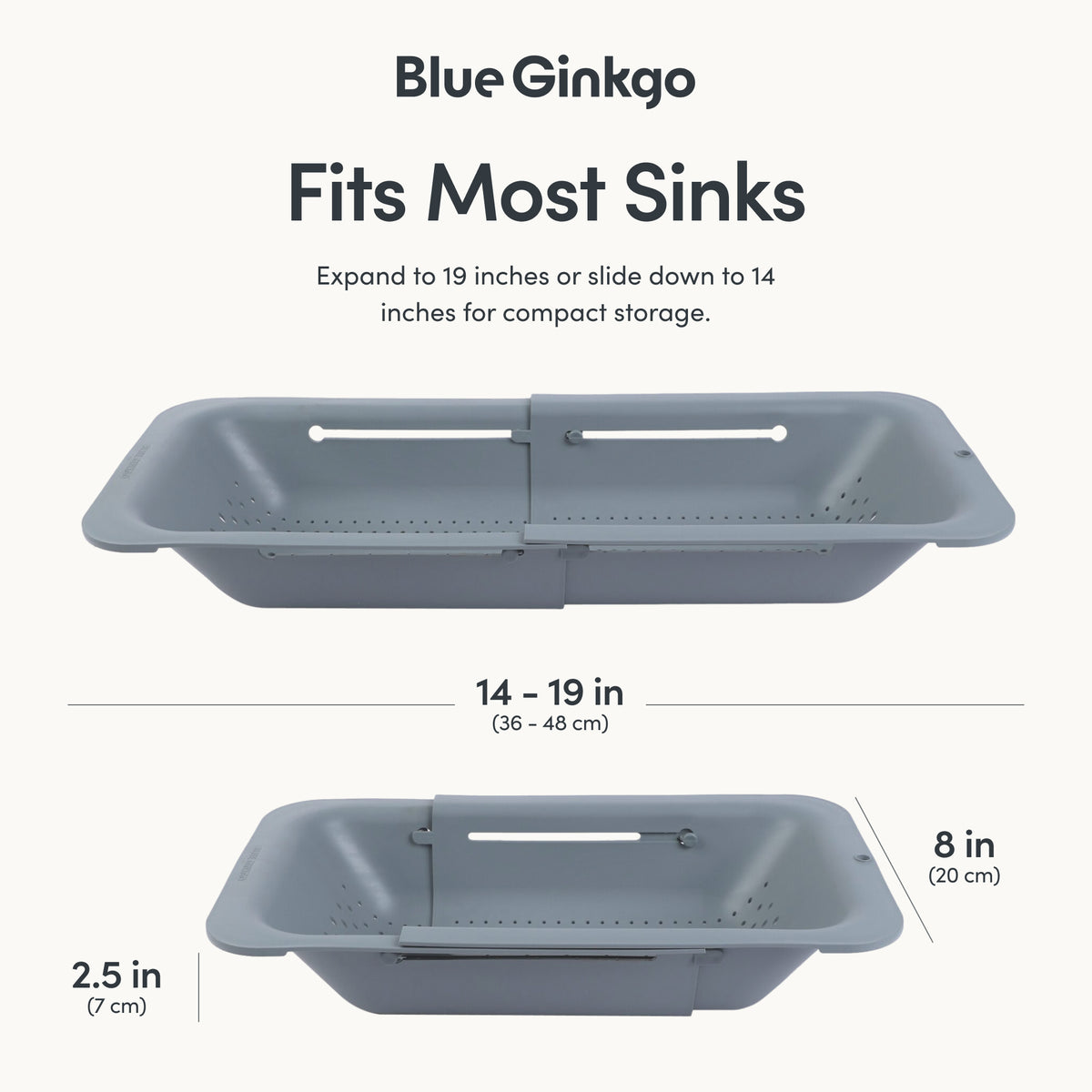 Graphic with measurements of an adjustable sink colander in an extended and contracted state