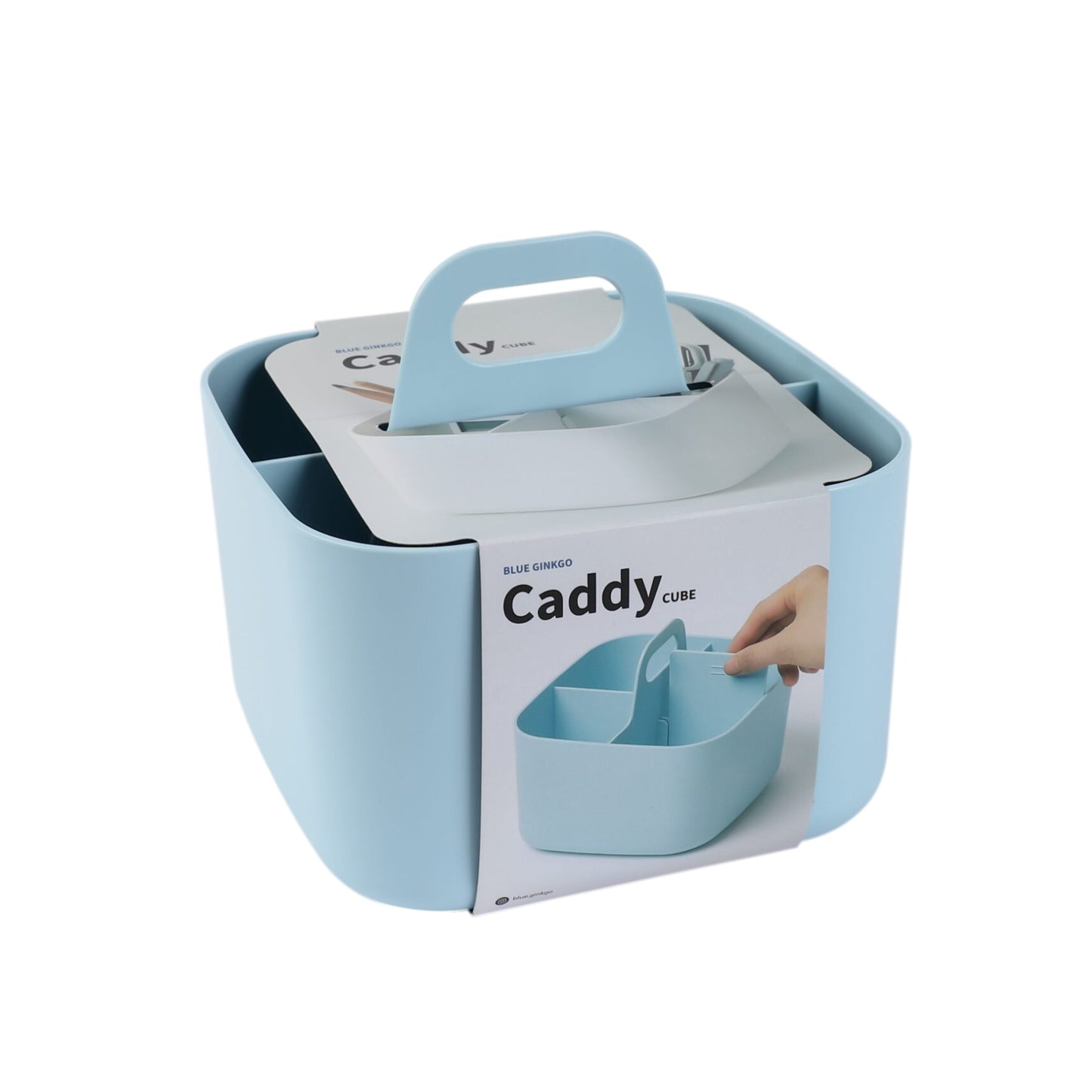 A blue square storage caddy with a handle on top against a white background