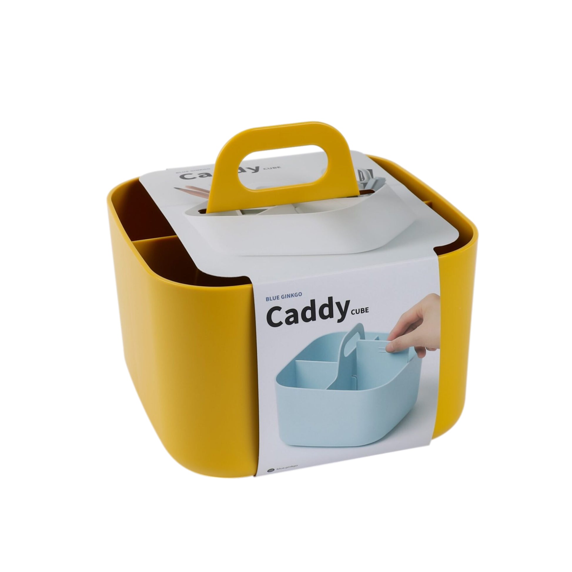 A yellow square storage caddy with a handle on top against a white background