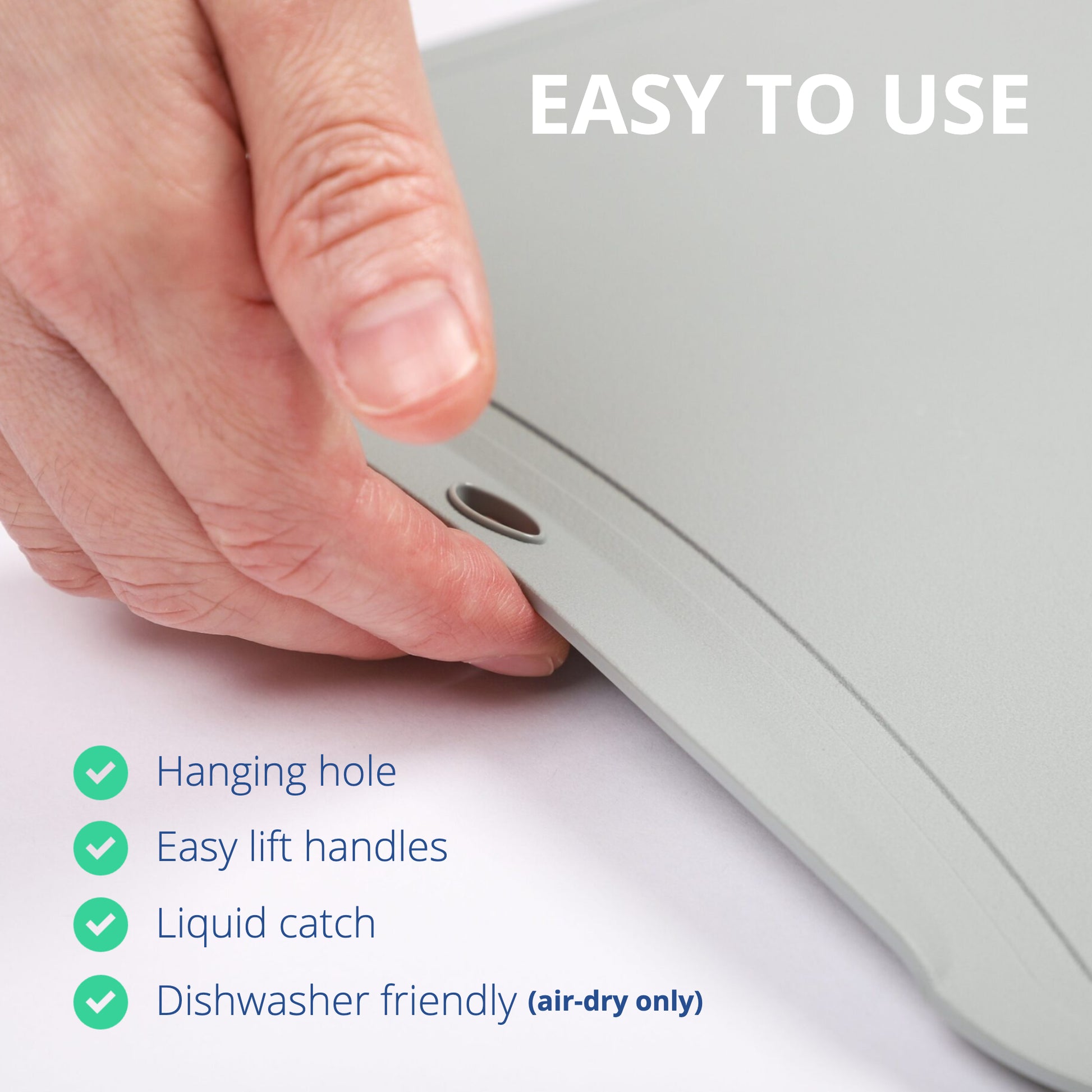 Image showing the features of this TPU Cutting board including hanging hole, easy lift design and liquid catch