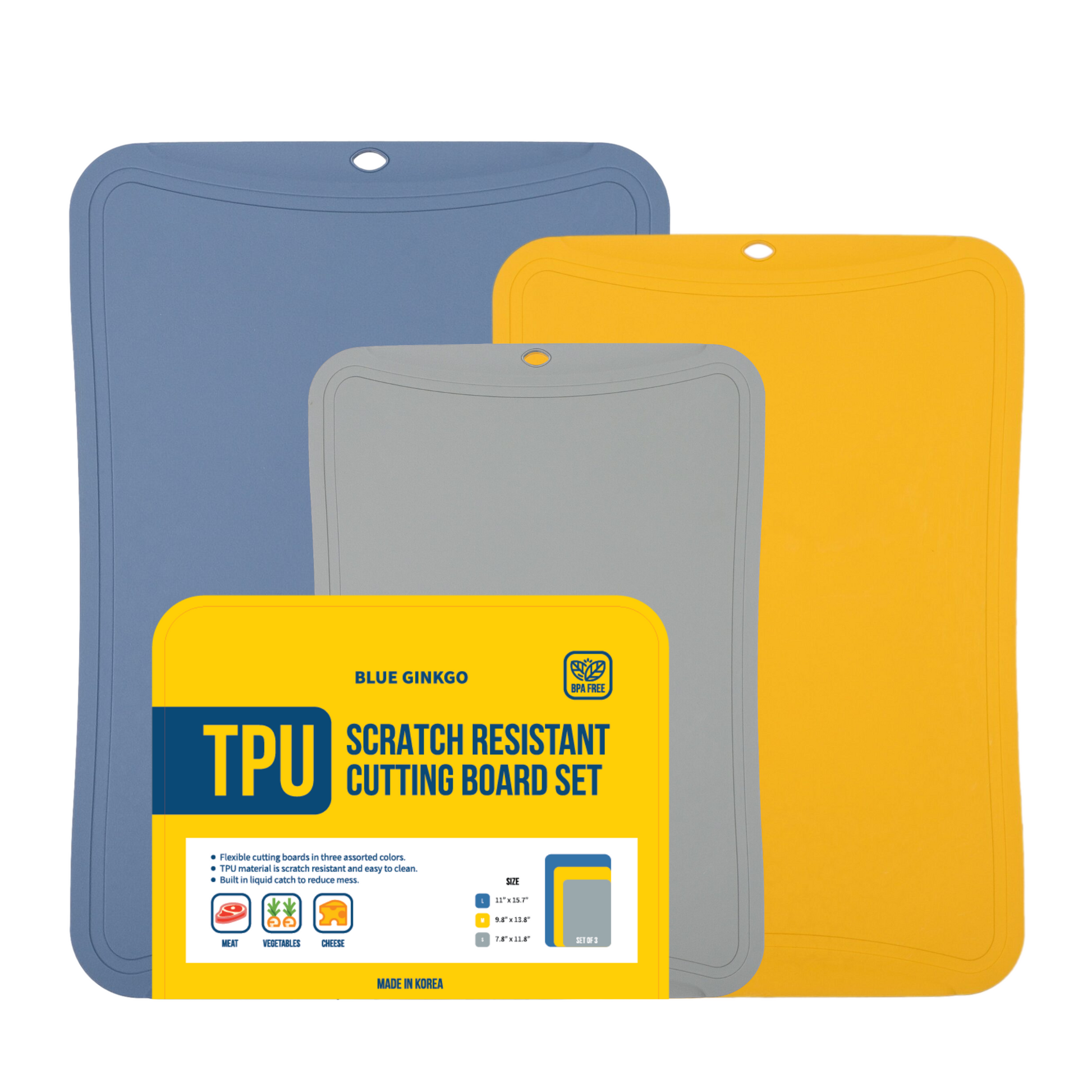 TPU scratch-resistant cutting board set in blue, yellow, and gray, displayed with packaging that highlights the product features.