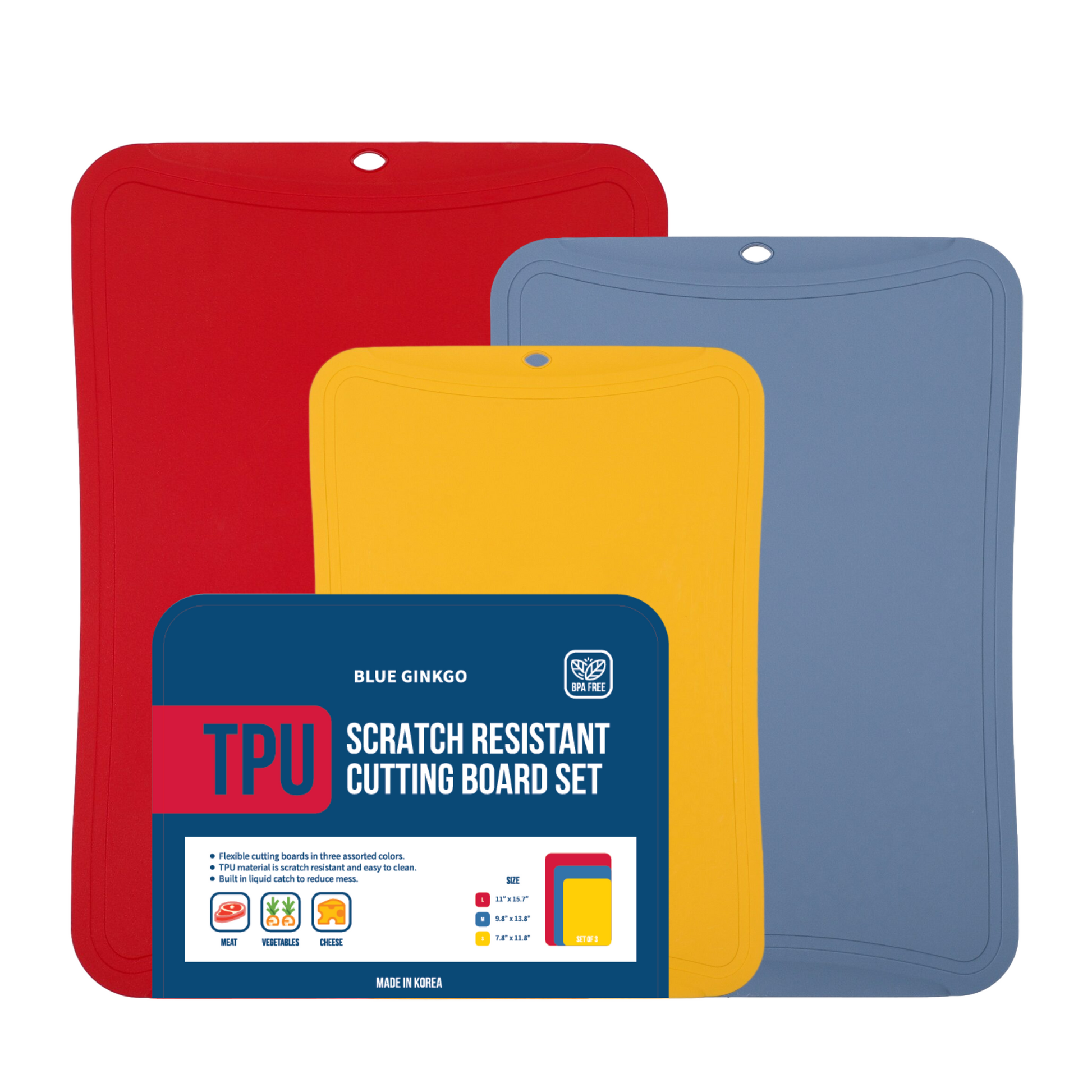TPU scratch resistant cutting board set in red, blue, and yellow, displayed with packaging that highlights the product features.