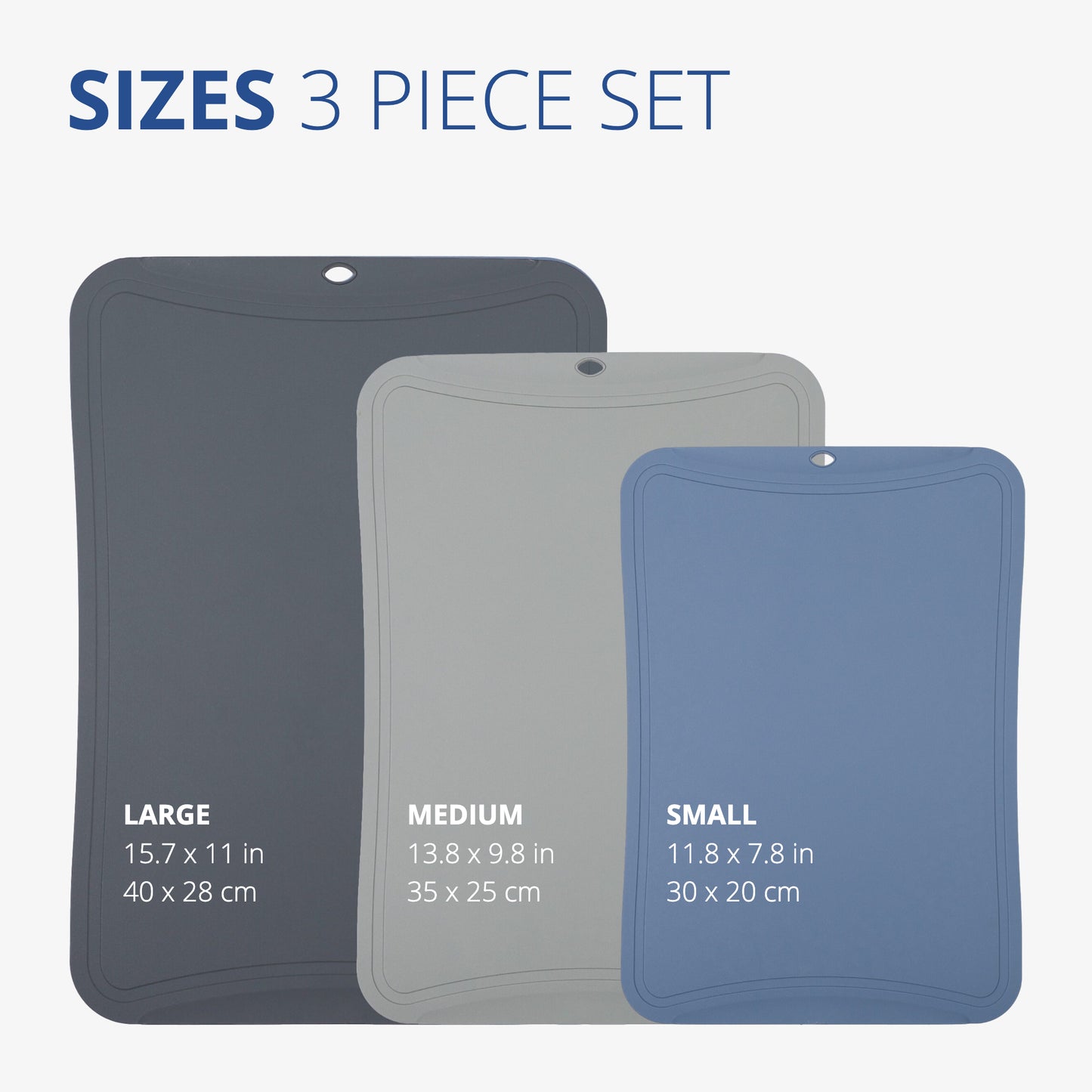 Image showing dimensions for small, medium and large TPU cutting boards featured in this set.