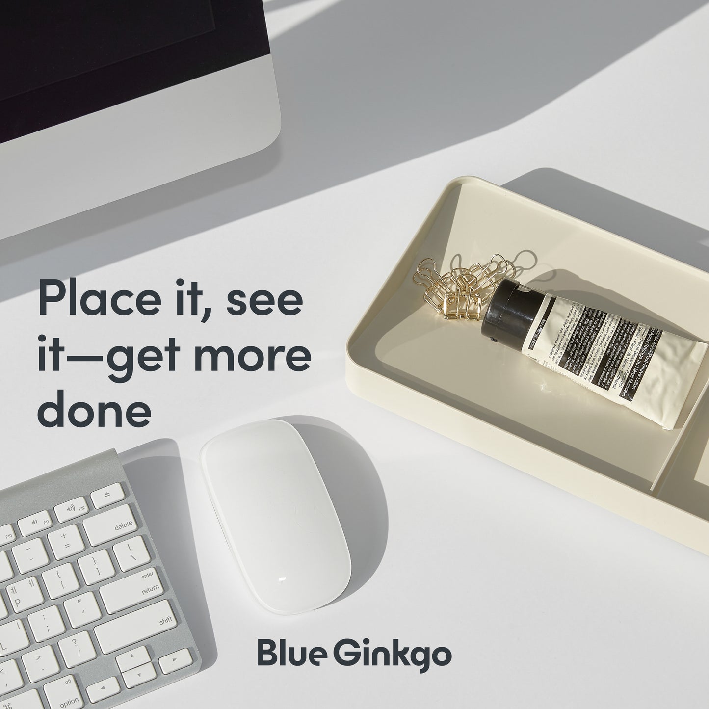 Desk setup with computer, mouse, and stationery items with Blue Ginkgo desktop tray.
