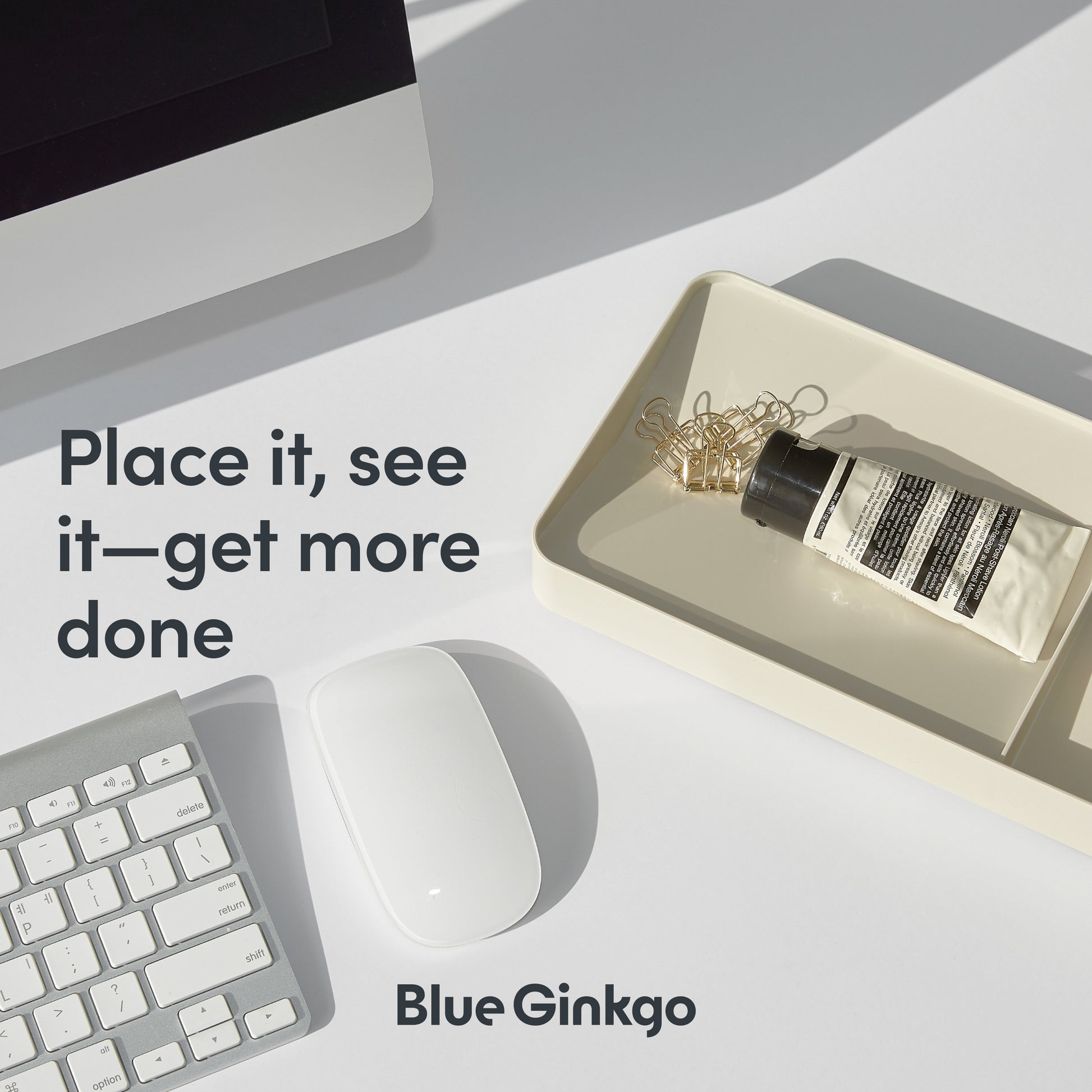 Desk setup with computer, mouse, and stationery items with Blue Ginkgo desktop tray.