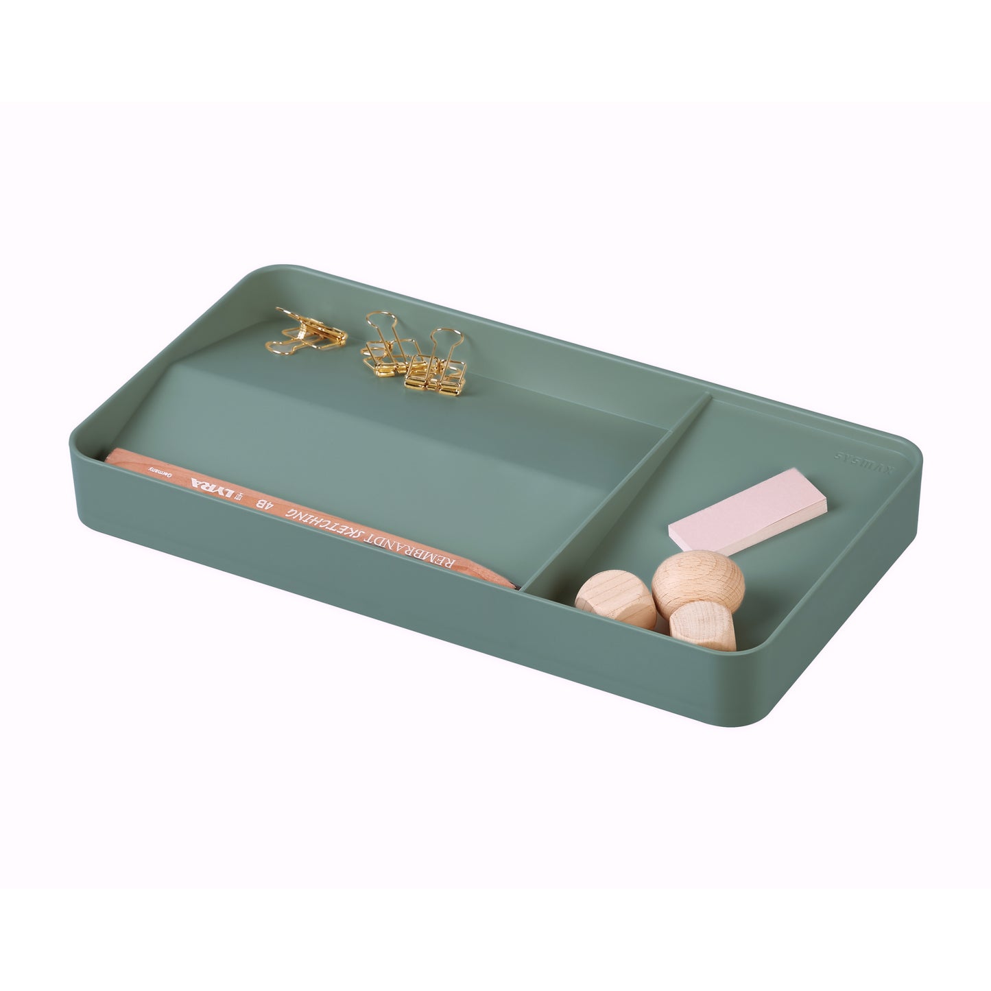 Dark Green double-sided tray with various items including a pencil, eraser, and small objects on a white background.