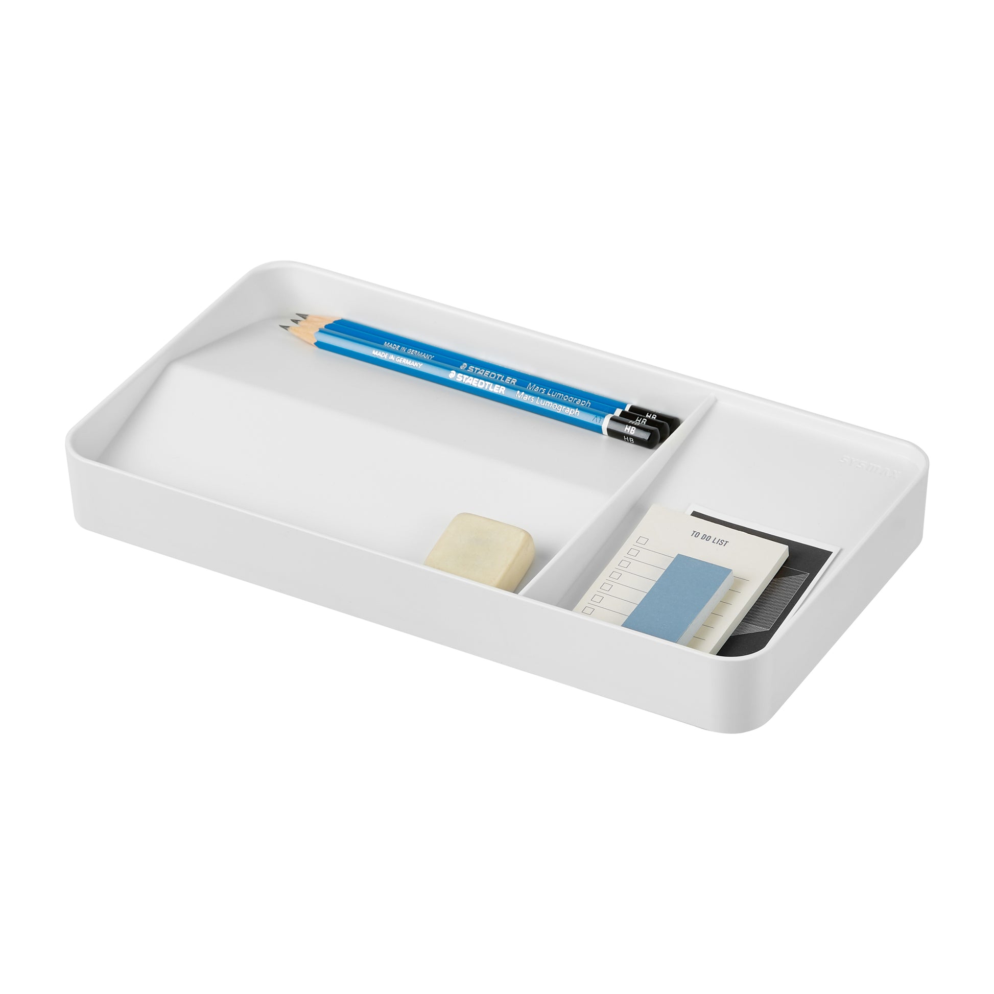 White double-sided desk organizer with stationery items on a white background.