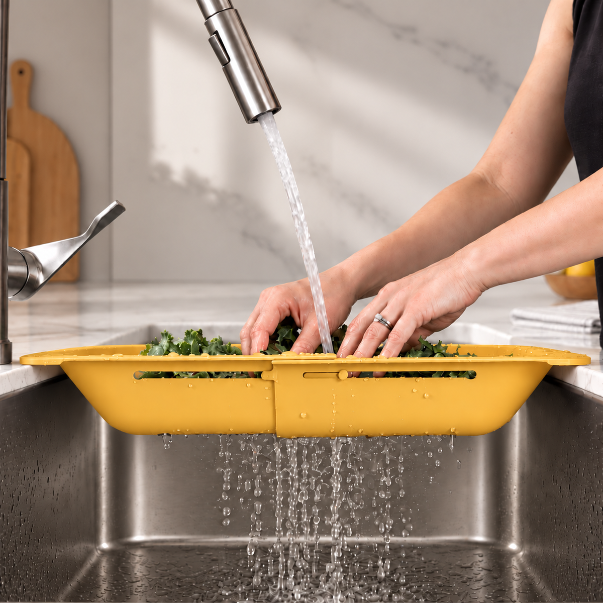 Yellow Blue GInkgo Over the Sink Colander being used to rinse lettuce.
