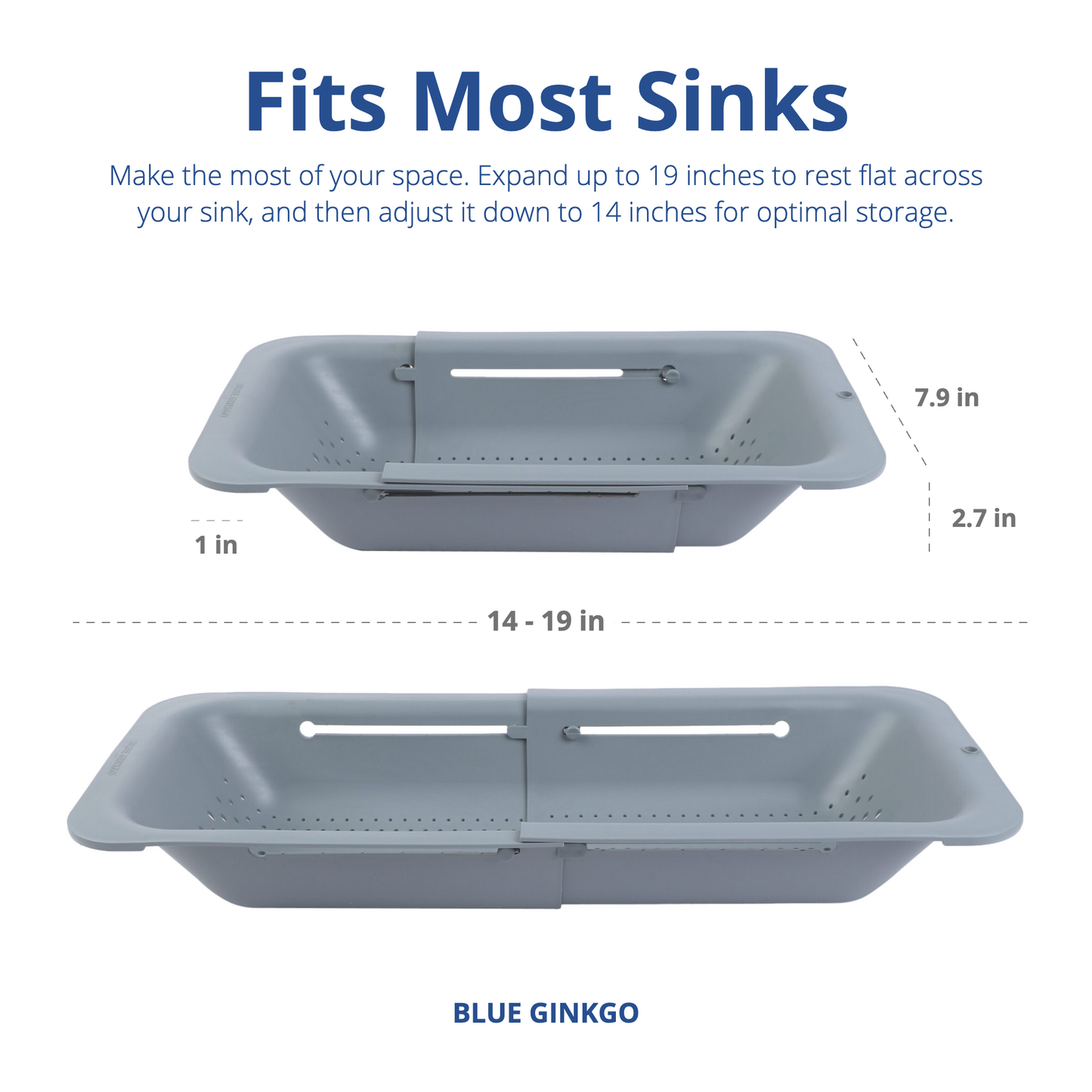 Graphic with measurements of an adjustable sink colander in an extended and contracted state