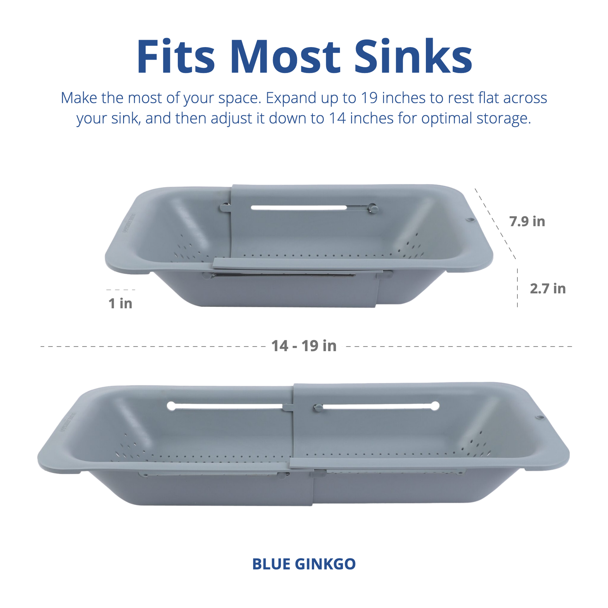 Graphic with measurements of an adjustable sink colander in an extended and contracted state