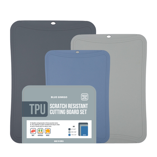 TPU scratch resistant cutting board set in dark gray, gray, and blue, displayed with packaging that highlights the product features.